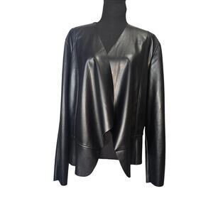 NWOT Joan Vass Black Faux Leather Open Front Long Sleeve Jacket Sz XL